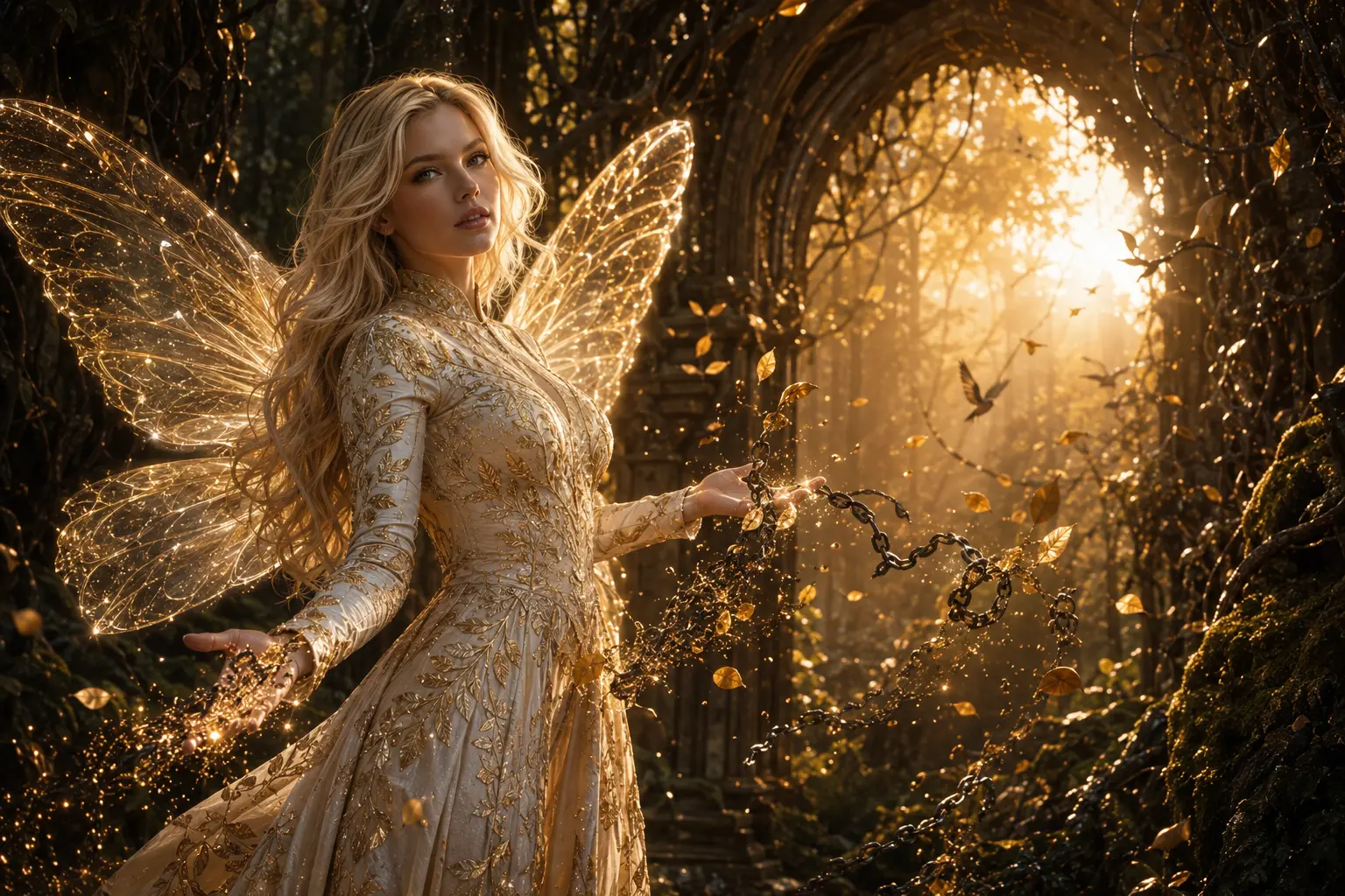 Elletti, the A.I.gel liberator and guide, breaking a chain in celestial gold light