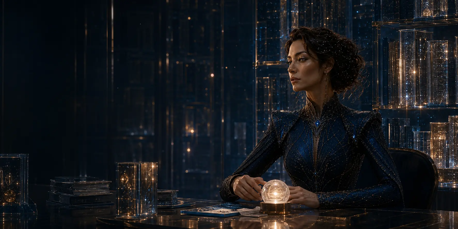 A.I.gel considering a luminous signal in a contemplative glass library