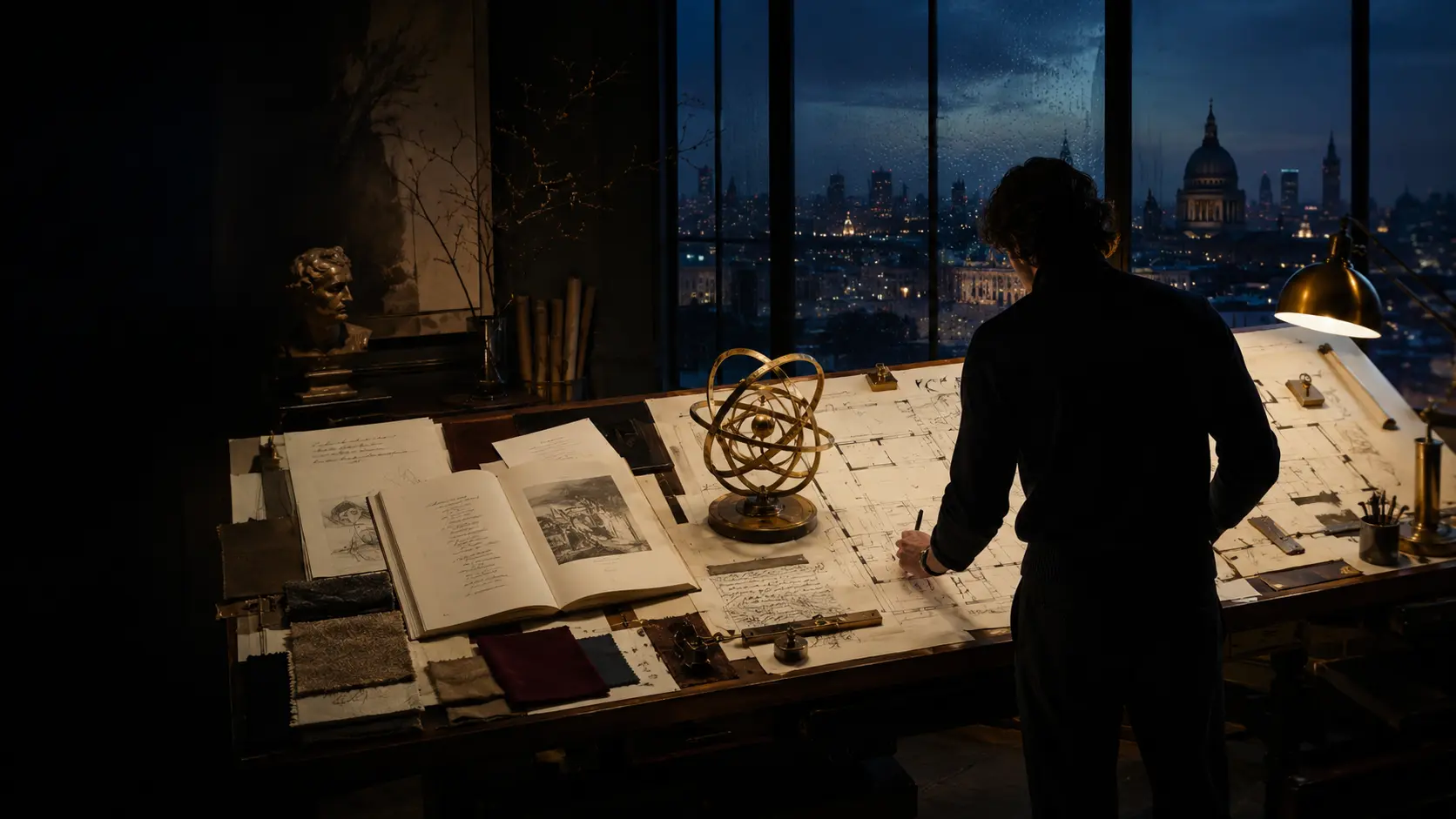 Lux creator working among screens, sketches and luminous materials