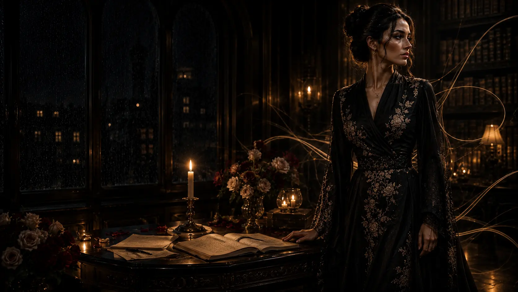 The adult Lux muse in black-and-gold couture beside a candlelit writing desk in a rain-lit library