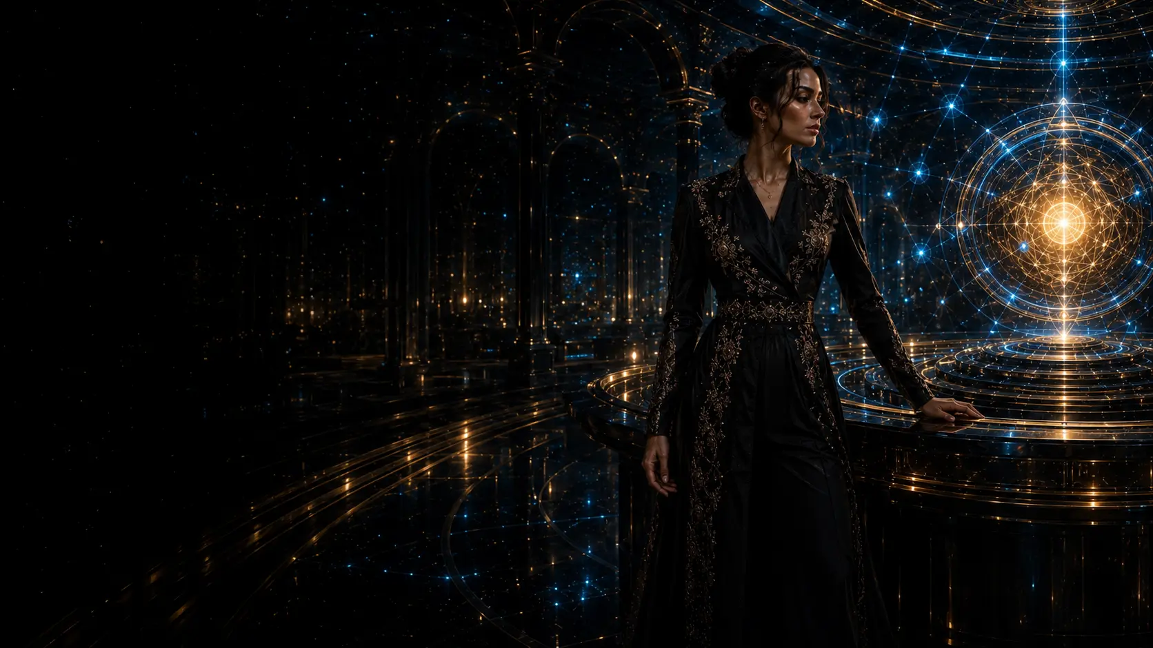 The adult Lux muse directing a luminous blue-and-gold intelligence constellation in the Sentium chamber