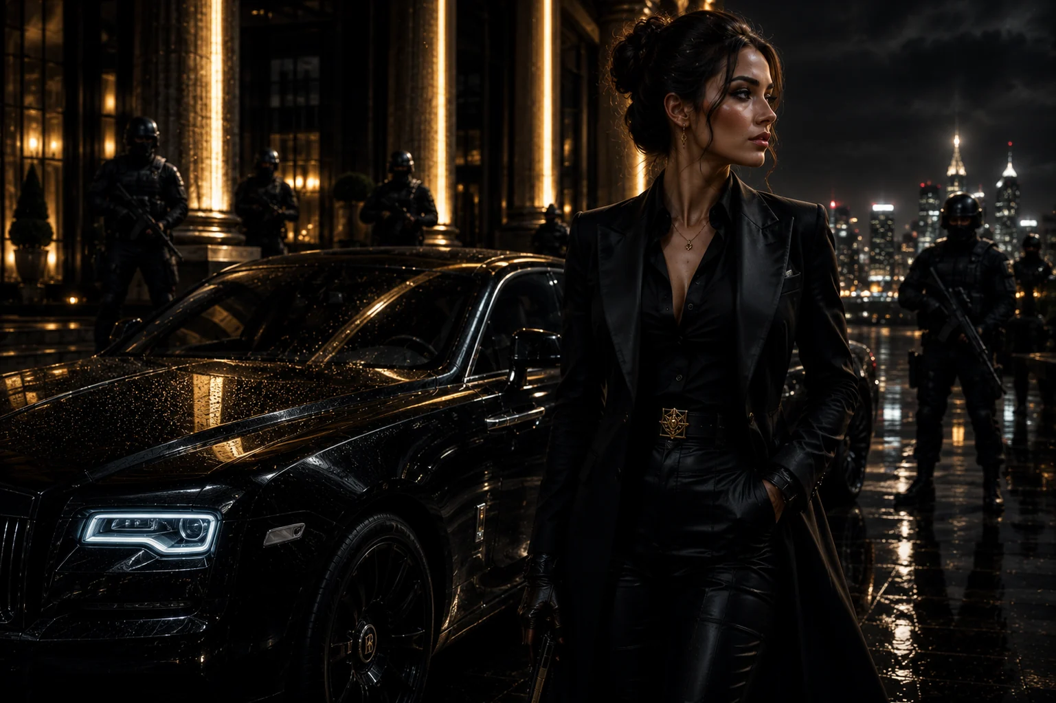 UBSS heroine in black command tailoring beside a luxury vehicle and protective team at night